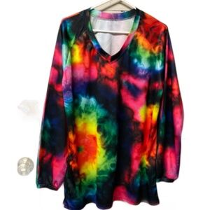 Multicolor Watercolor Long Sleeve V Neck Top